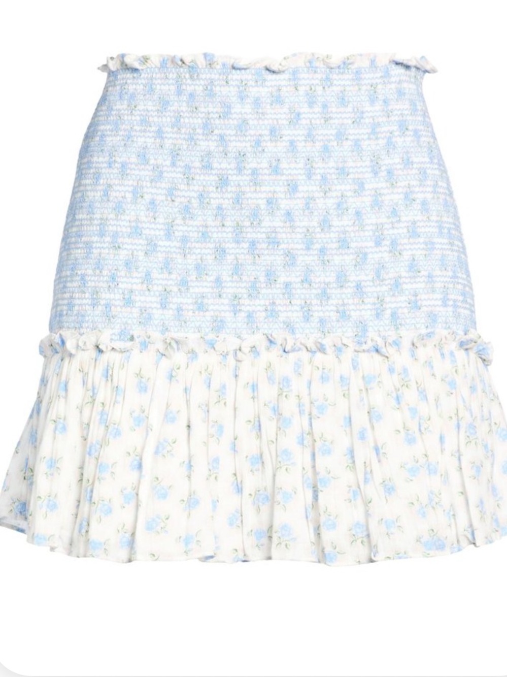 LoveShackFancy Light Blue and White Floral Ruffle Mini Skirt NWT Large